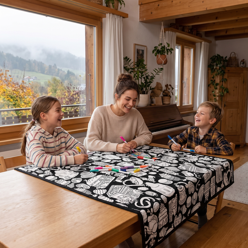 Mutter und zwei Kinder malen gemeinsam am Tisch
