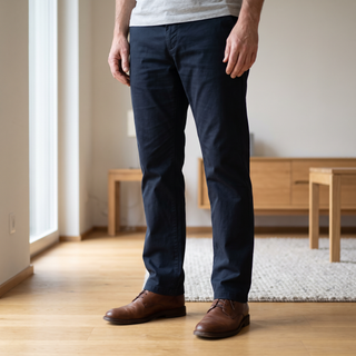 Beine in dunkler Chinohose, die Kniestütze zeichnet sich unter dem Stoff nicht ab