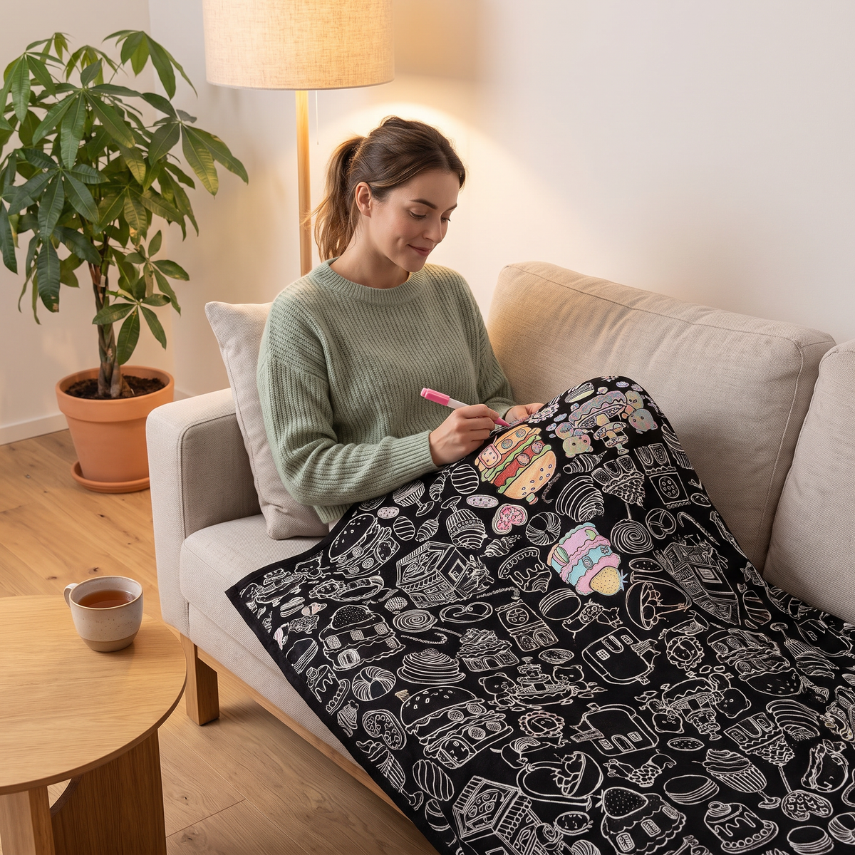 Frau malt auf dem Sofa ein Motiv der Decke aus