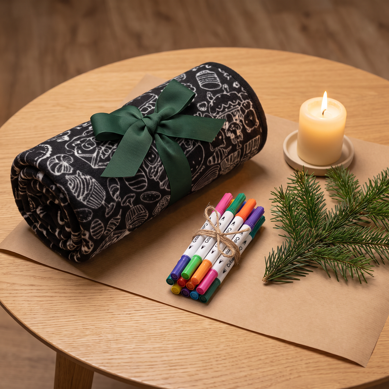 Decke als Geschenk mit grünem Band und Stiften