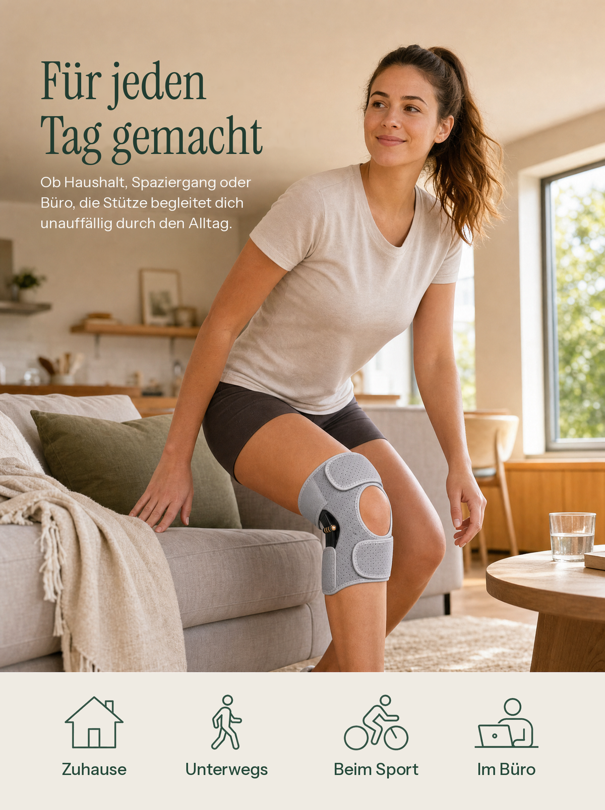 Frau mit grauer Selvo Kniestütze steht vom Sofa auf, Titel Für jeden Tag gemacht