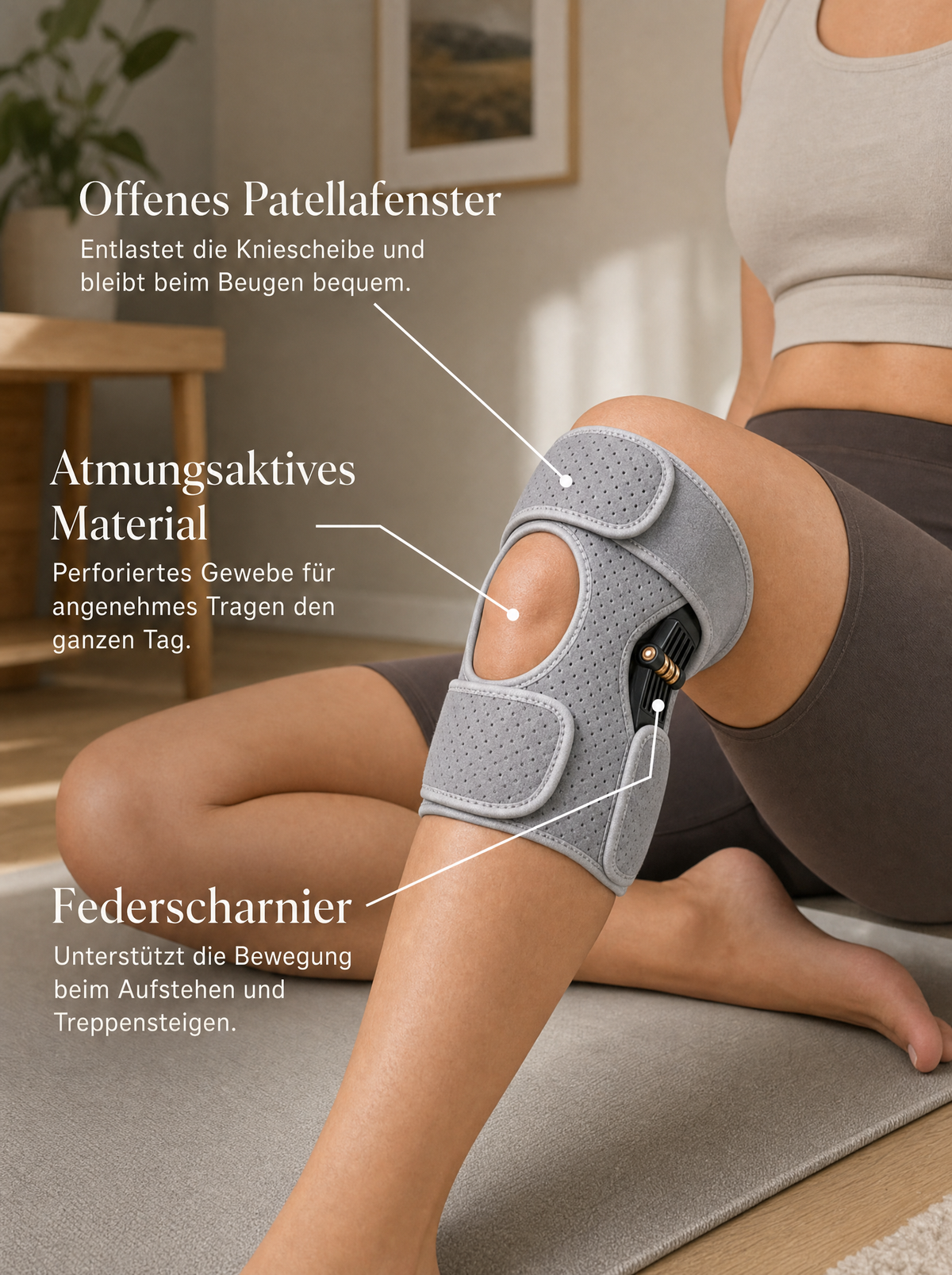 Graue Selvo Kniestütze am Knie, Merkmale Patellafenster, Material und Federscharnier