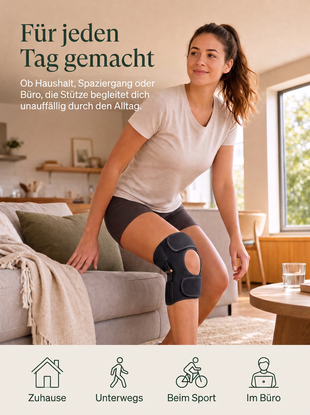 Frau mit schwarzer Selvo Kniestütze steht vom Sofa auf, Titel Für jeden Tag gemacht