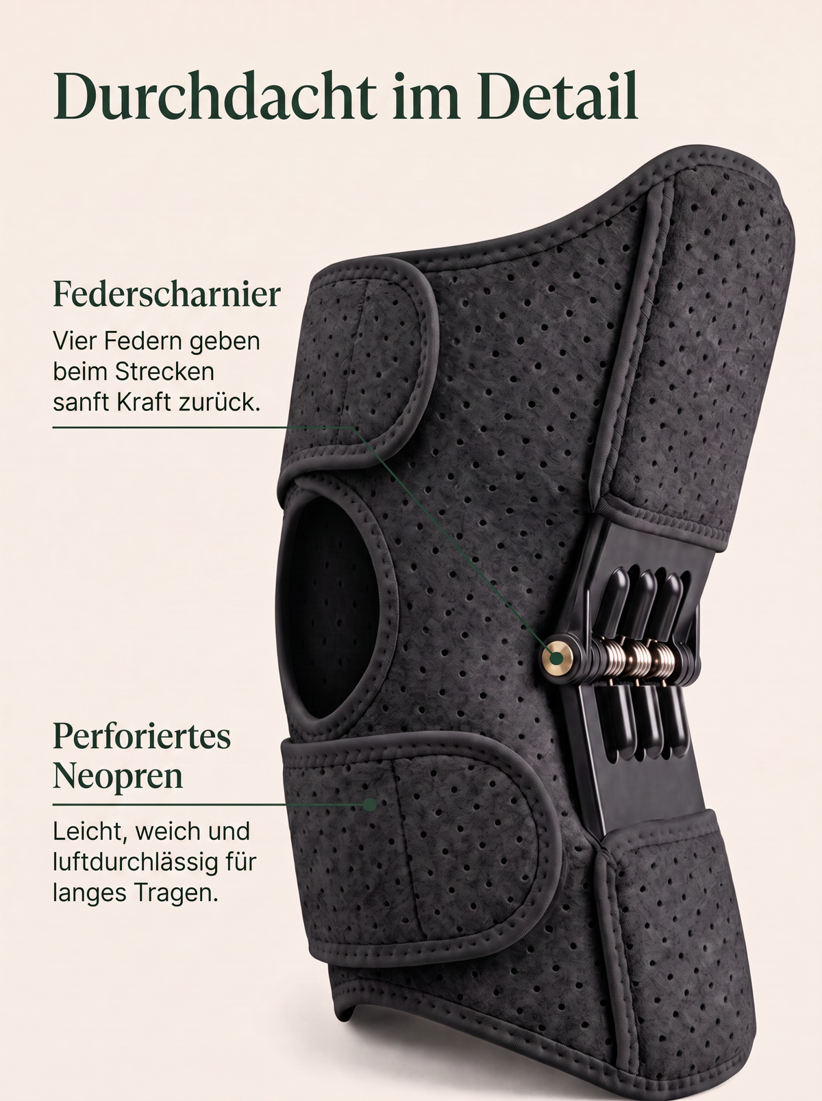 Schwarze Selvo Kniestütze im Detail mit Federscharnier und perforiertem Neopren