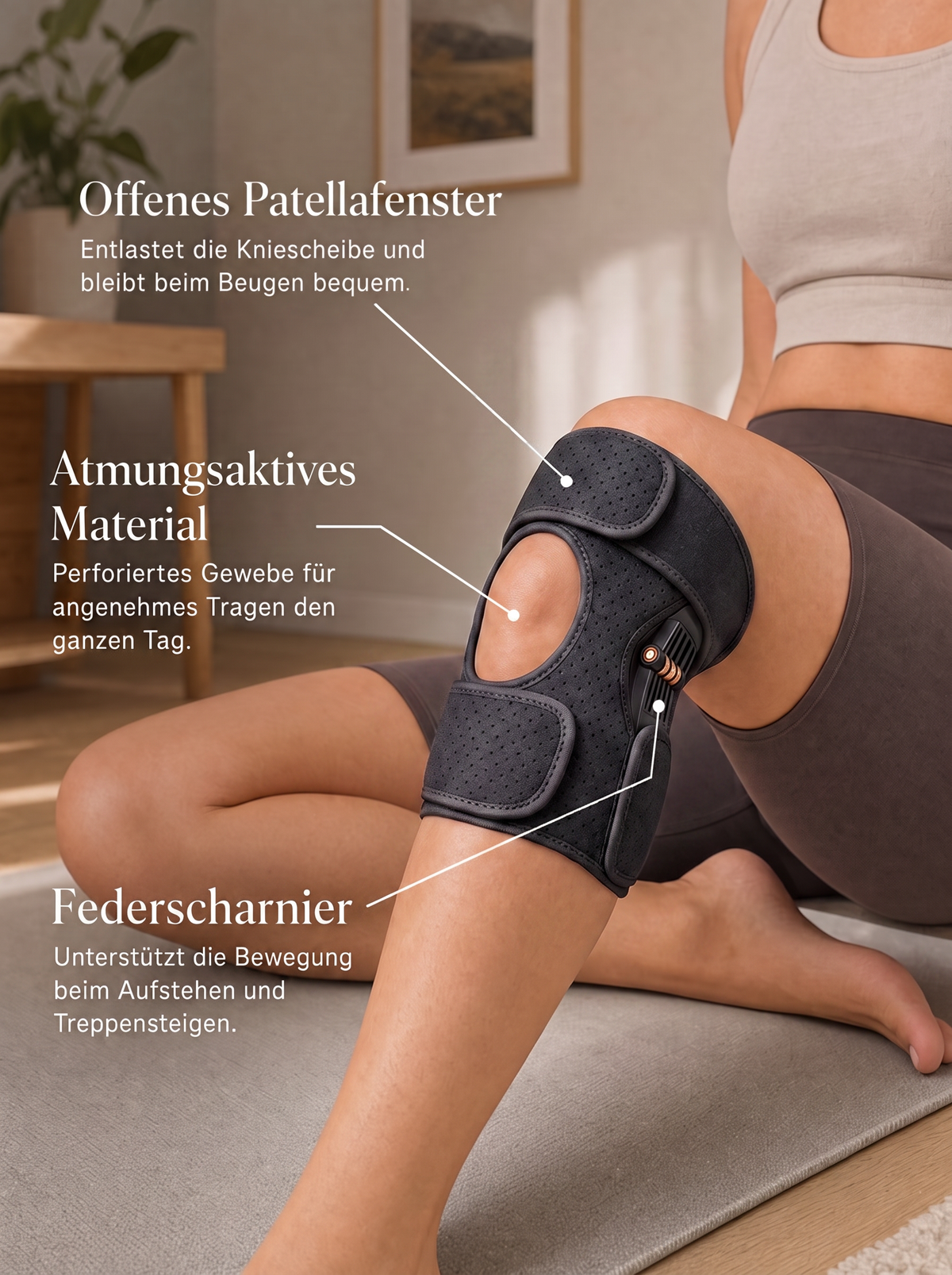 Schwarze Selvo Kniestütze am Knie, Merkmale Patellafenster, Material und Federscharnier