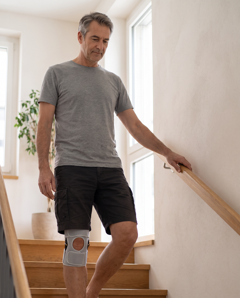 Mann geht eine Treppe hinunter, am rechten Knie die graue Selvo Kniestütze, eine Hand am Handlauf